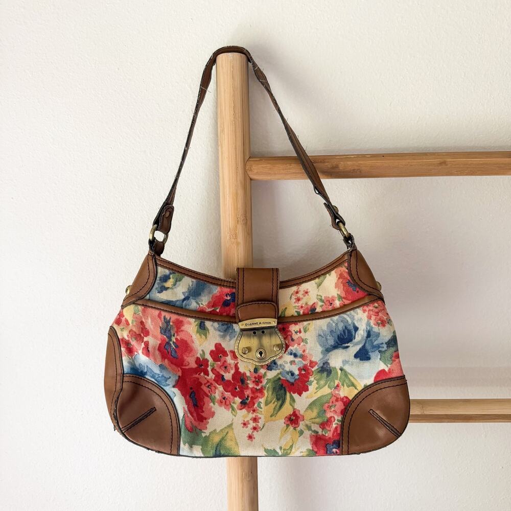 Etienne Aigner Vintage Floral Canvas Leather Trim Shoulder Bag